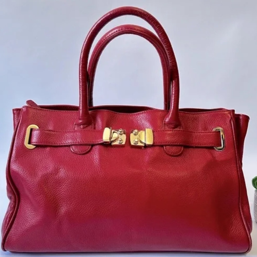 Onna Ehrlich women’s red leather gold buckle tote bag